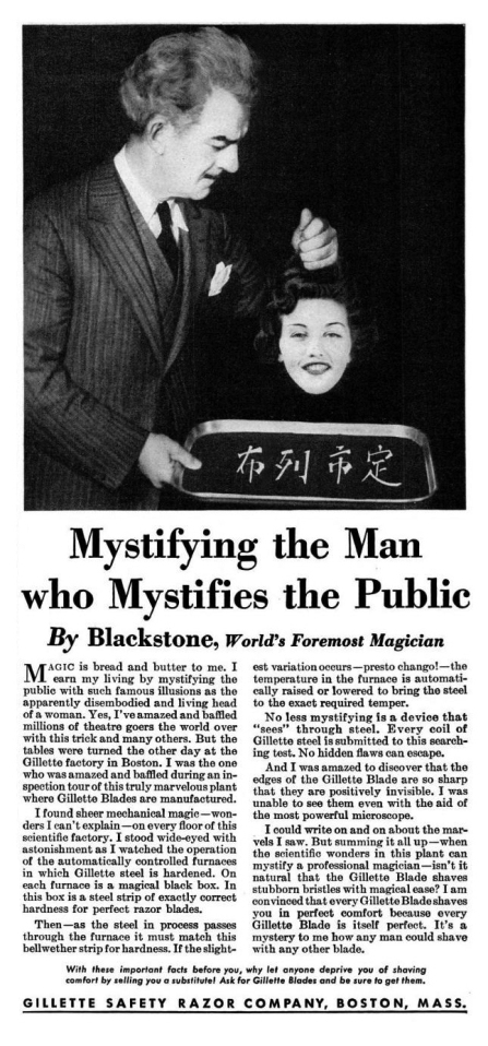 Harry Blackstone Sr. endorsing Gillette products, from Popular Science Monthly, Oct. 1936, p. 87